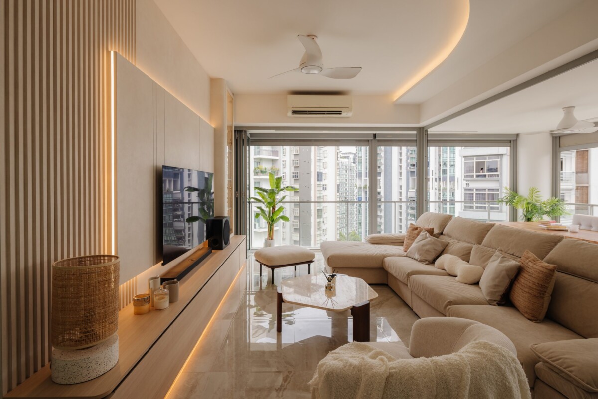 HDB renovation with concealed storage and warm minimalism
