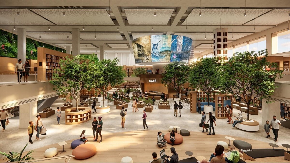 Artist's impression of a café and reading zone with trees and seating inside The HomePage