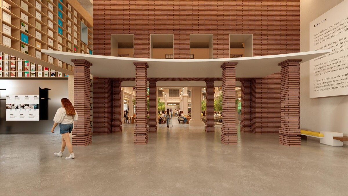 Artist's impression of a red brick colonnade leading to a dining hall