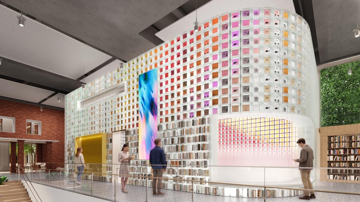 Artist's impression of a triple-volume book wall called the Story Spine at The HomePage @ Causeway Point