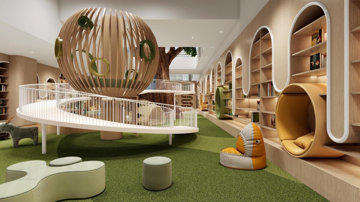 Artist's impression of a children's reading space with a wooden sphere and ramps