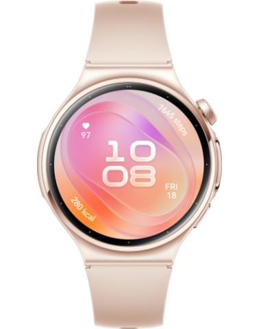 Huawei Watch 6 in the 42mm size with a light pink strap and a digital face reading 10:08