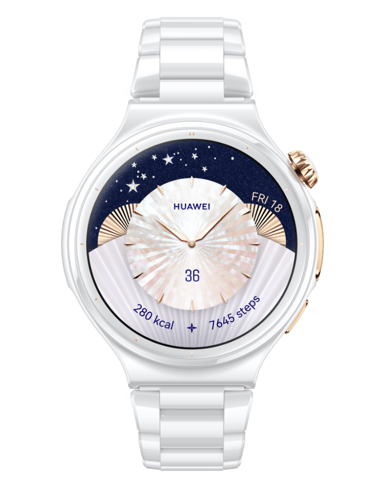 Huawei Watch 6 Pro Ceramic Edition with a white ceramic link strap and a starry blue watch face