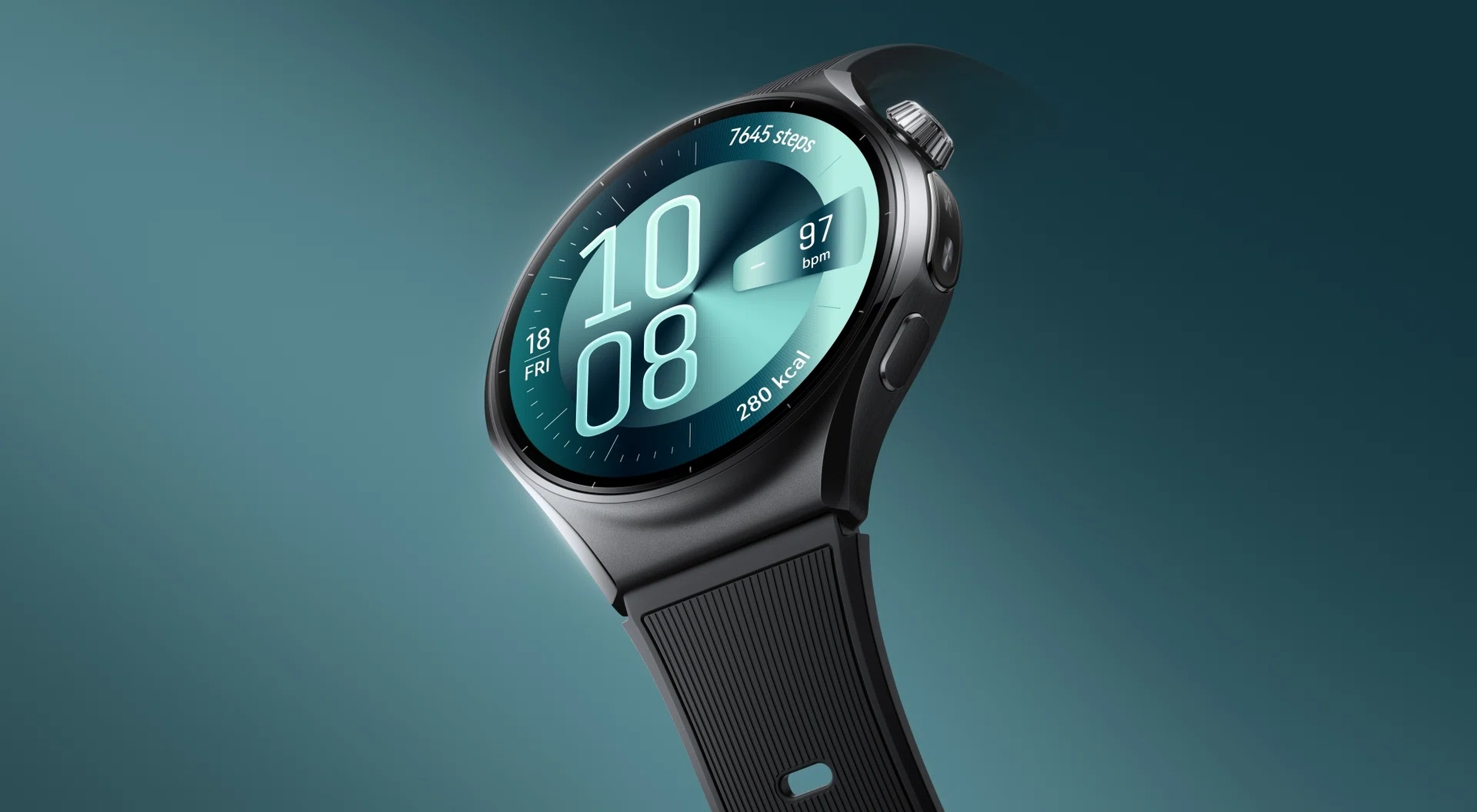 Huawei Watch 6 with a round black case and teal digital watch face