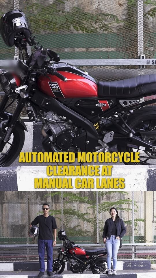 ICA graphic of a red motorcycle and two riders titled automated motorcycle clearance at manual car lanes