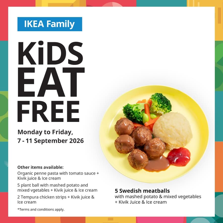 IKEA Family Kids Eat Free flyer showing five Swedish meatballs kids meal
