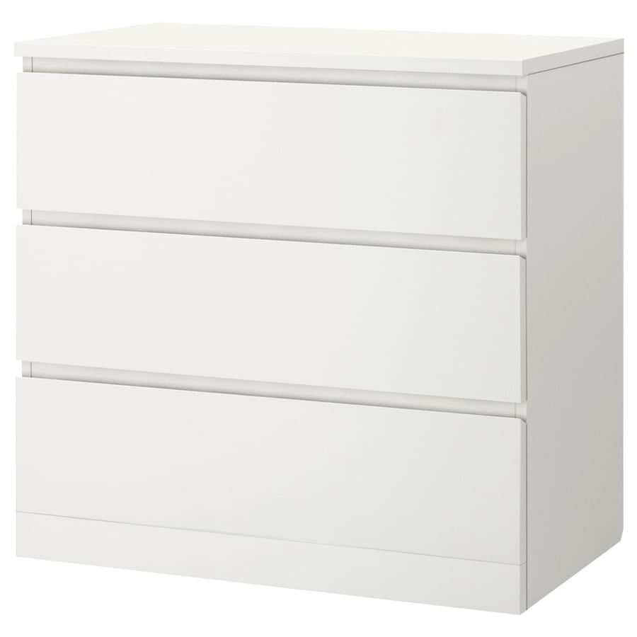 White IKEA MALM chest of three drawers on a plain background