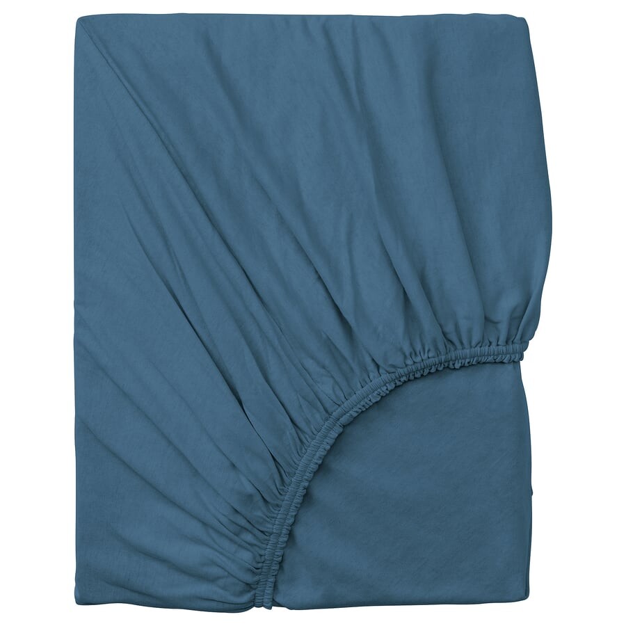 Folded blue IKEA VÅRVIAL cotton jersey fitted sheet with elastic edges