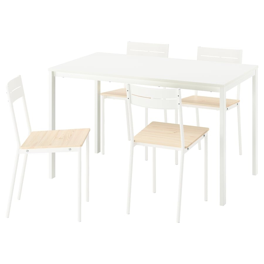 White IKEA VIHALS dining table with four matching white chairs on a plain background