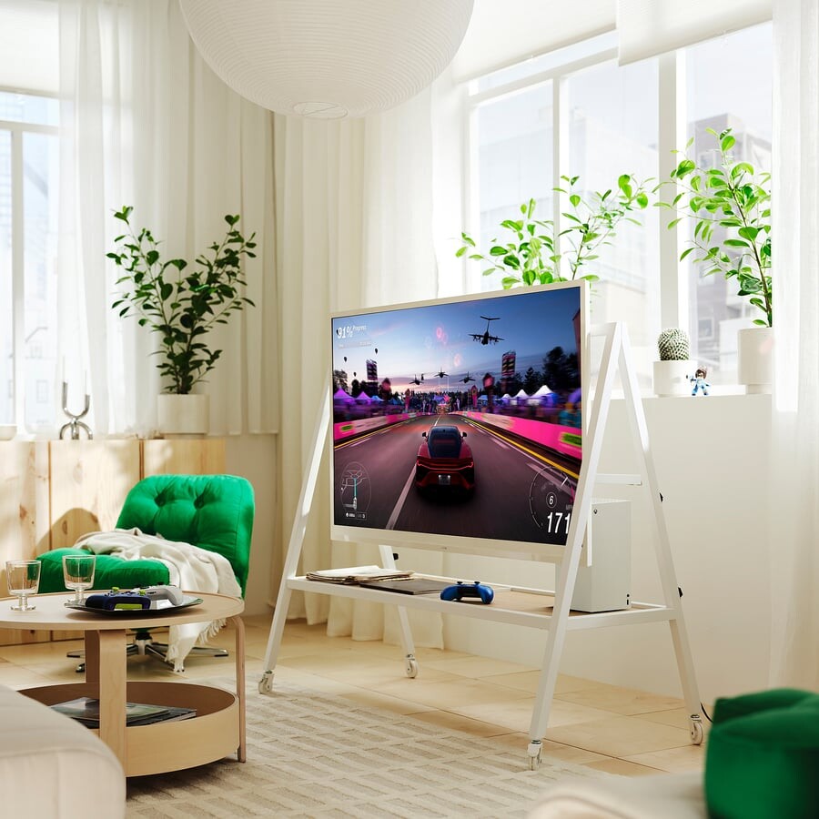 YXSTABY gaming TV stand on castors in white set up for console gaming