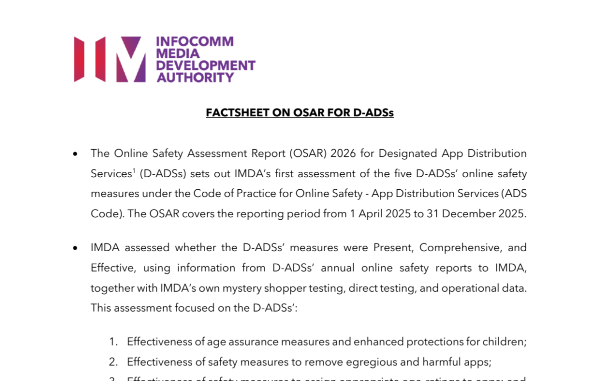First page of IMDA's factsheet on its Online Safety Assessment Report for app stores