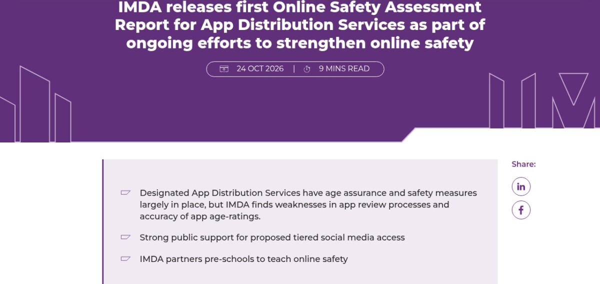 IMDA release headline on its first Online Safety Assessment Report for app distribution services, dated 24 October 2026