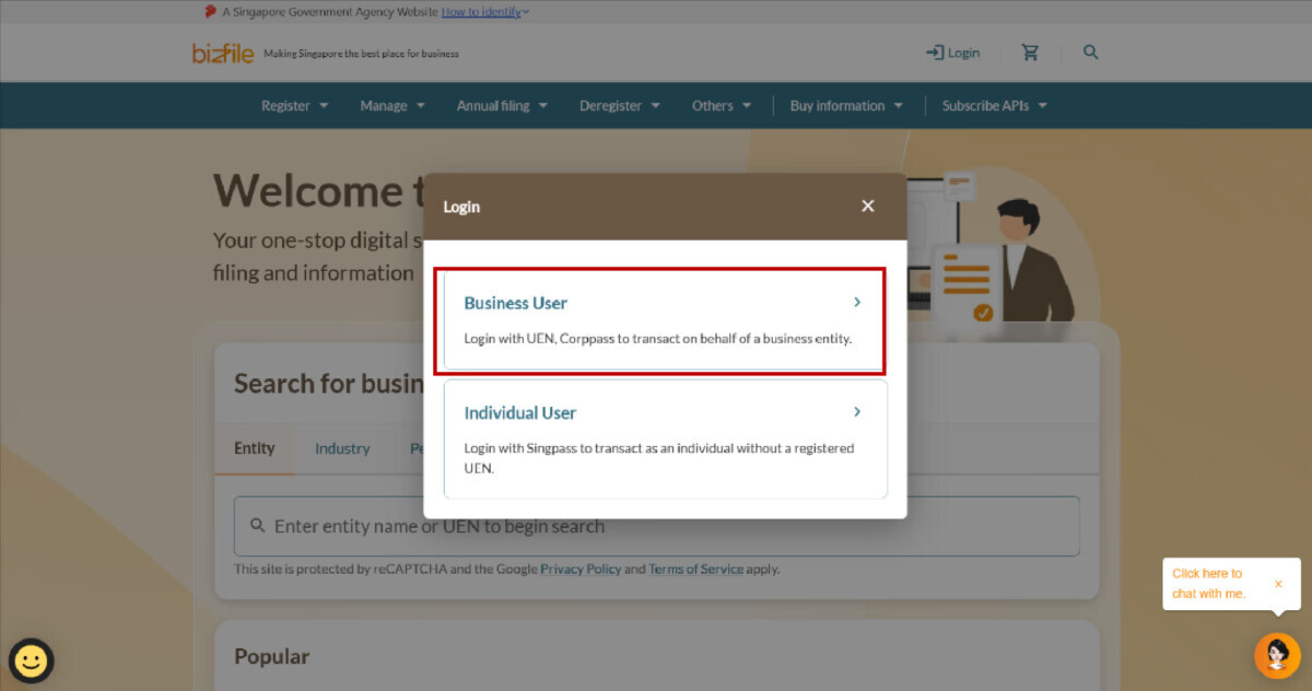 Official ACRA Bizfile filing interface for business registrations
