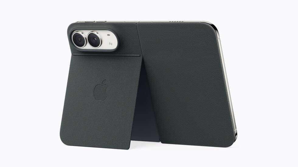 iPhone Duo with navy blue Folio accessory open on a surface