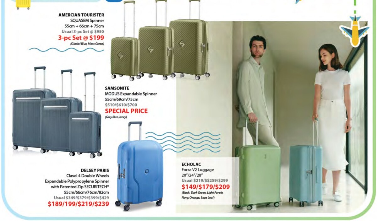 Isetan fair prices for American Tourister Squasem, Samsonite Modus, Delsey Clavel and Echolac Forza V2