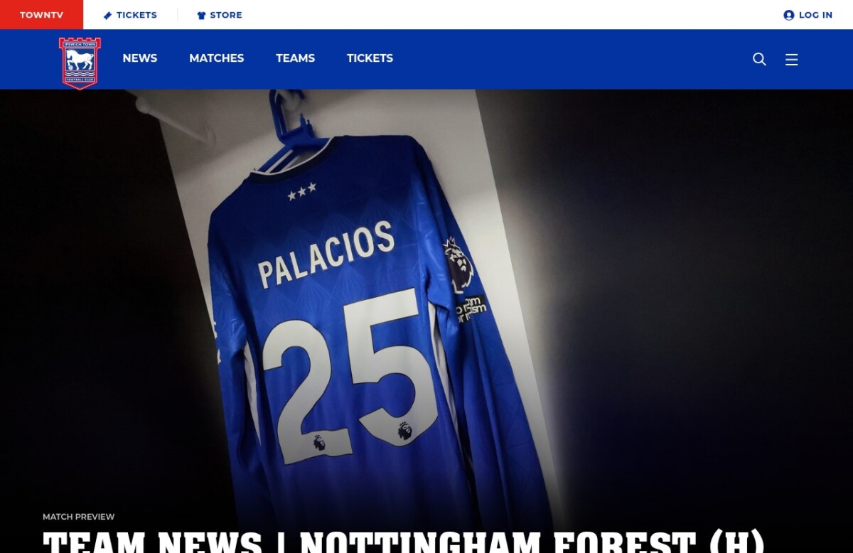 Ipswich Town shirt hanging in the dressing room on the club's team news page for the Nottingham Forest game