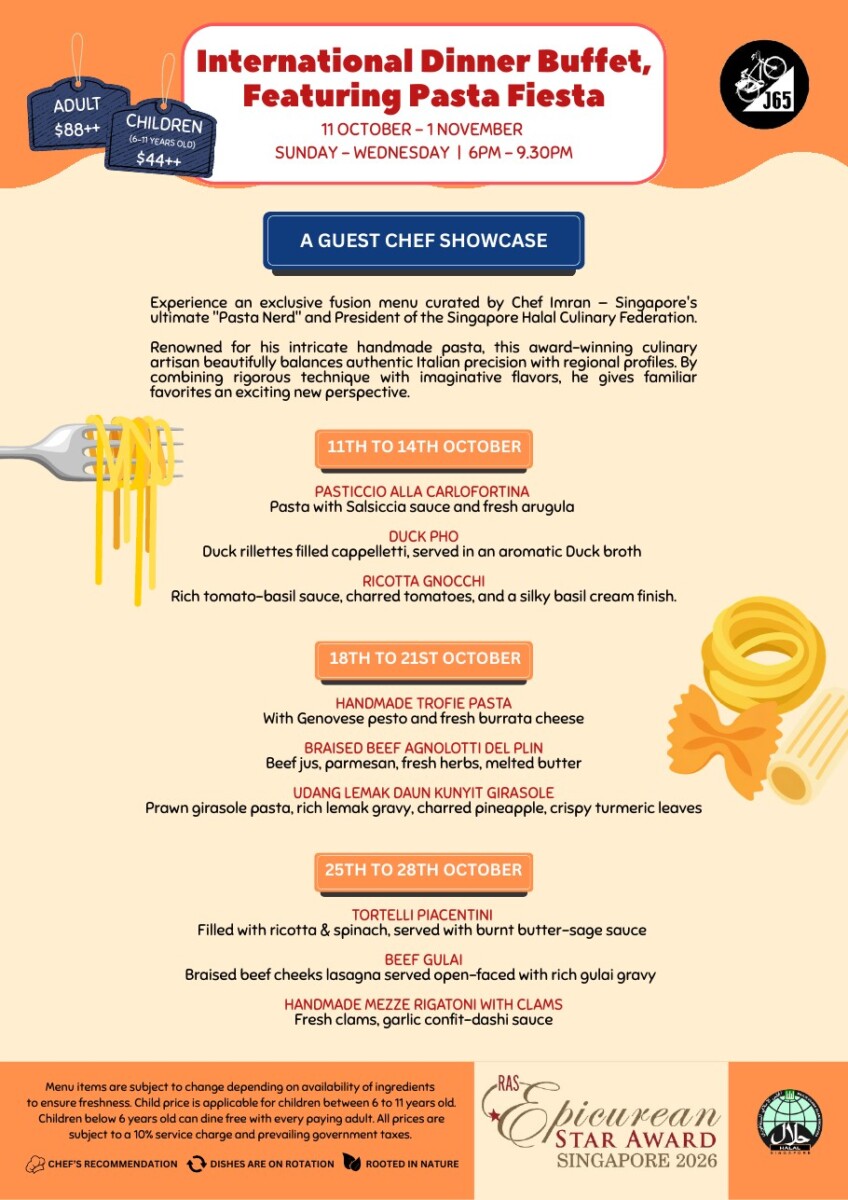 J65 Pasta Fiesta menu listing chef Imran's weekly pasta dishes from 11 to 28 October