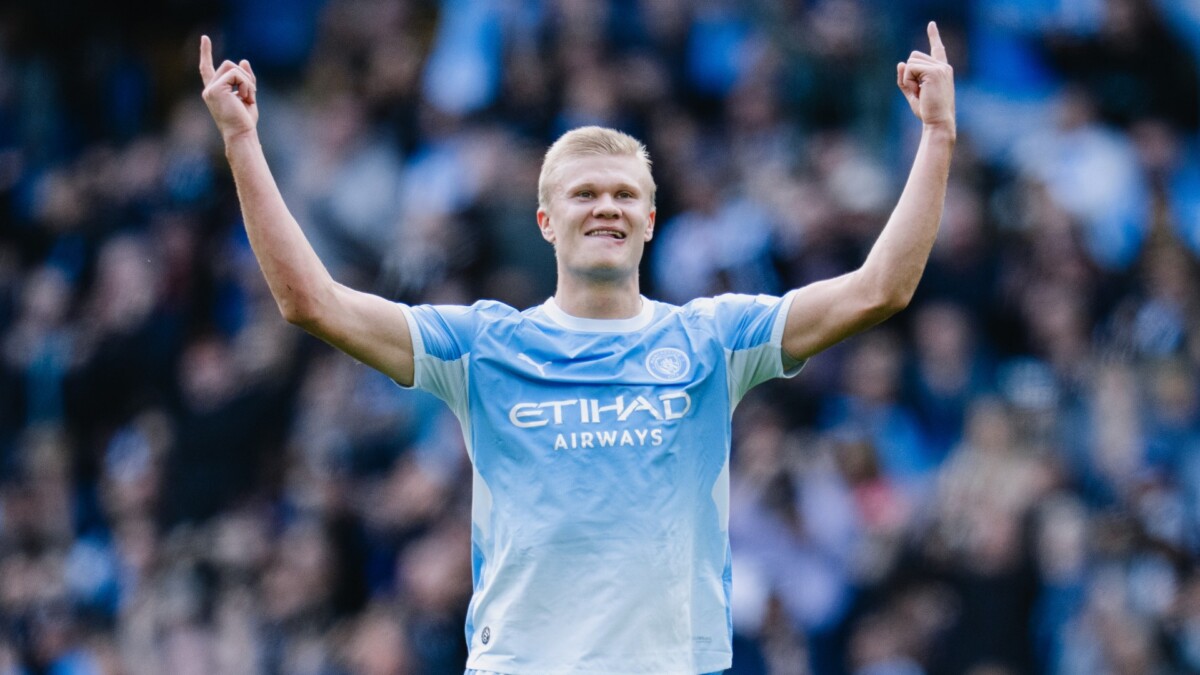 Erling Haaland celebrates after scoring against Sunderland at the Etihad