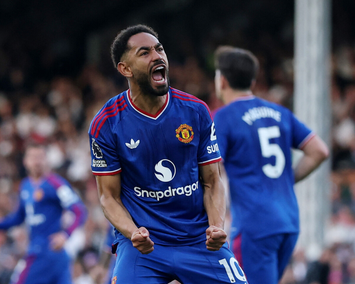 Matheus Cunha celebrates after scoring for Manchester United at Craven Cottage
