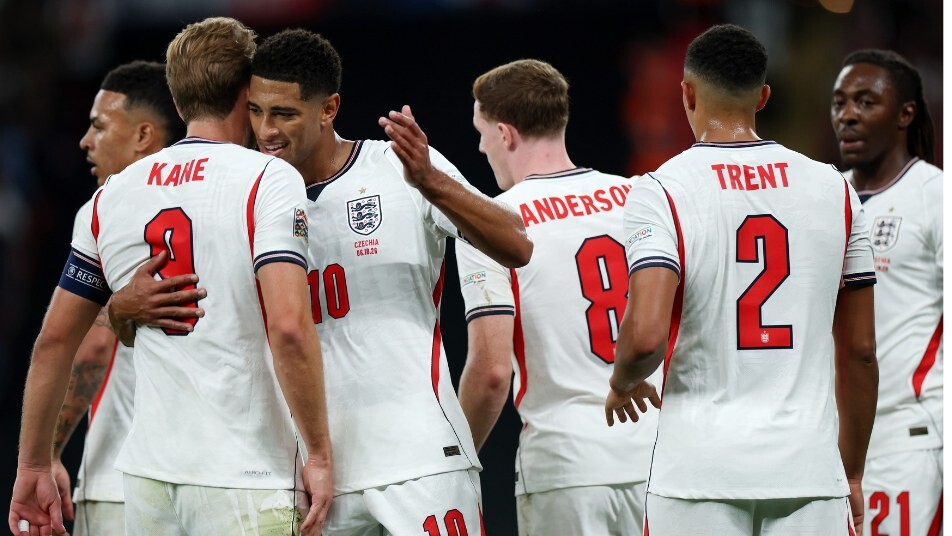 England players celebrate a goal against Czechia in the Nations League at Wembley