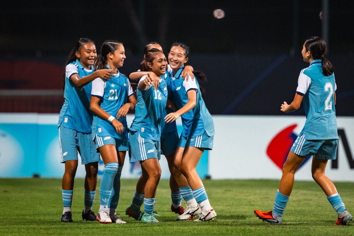 Singapore Under-16 girls celebrate a goal against Bahrain at Bishan Stadium on 8 October