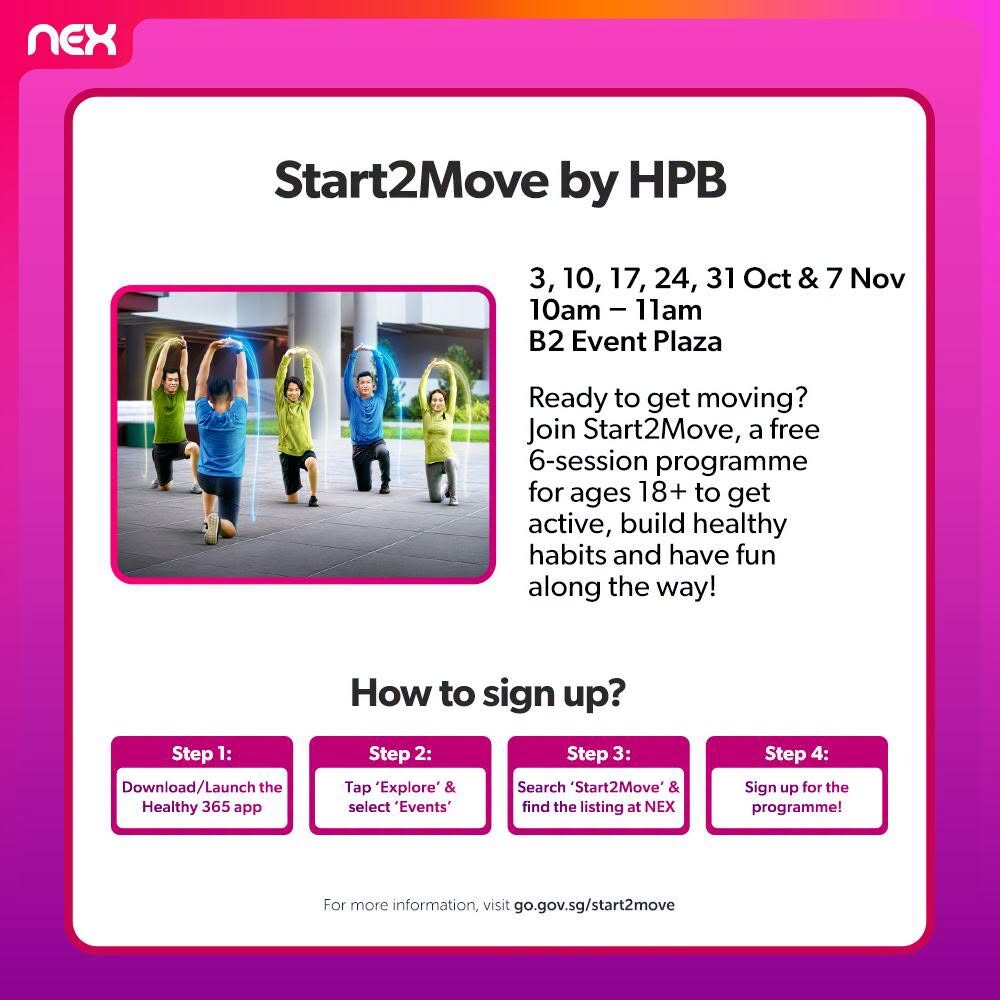 Start2Move by HPB poster for NEX sessions on 3, 10, 17, 24, 31 October and 7 November