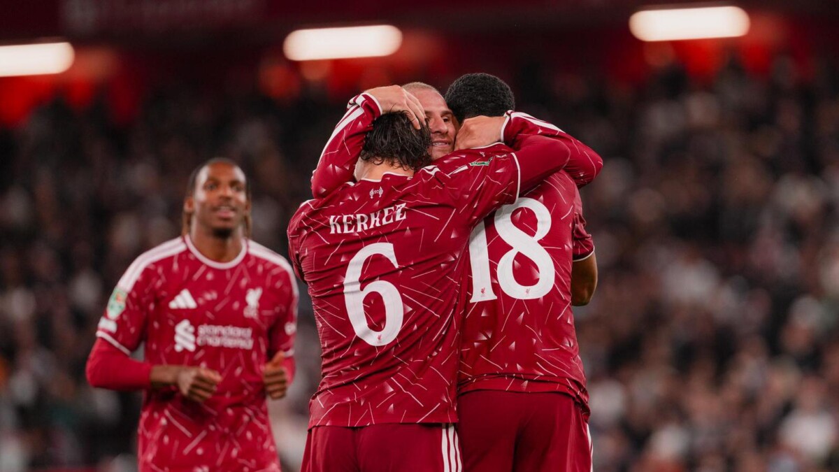 Liverpool players including Cody Gakpo celebrate during the Carabao Cup tie at Anfield