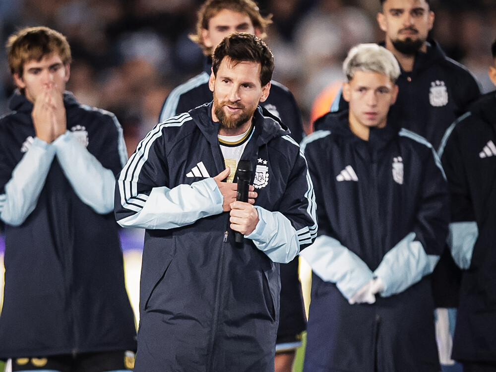 Messi speaks to the Monumental crowd after his last match for Argentina
