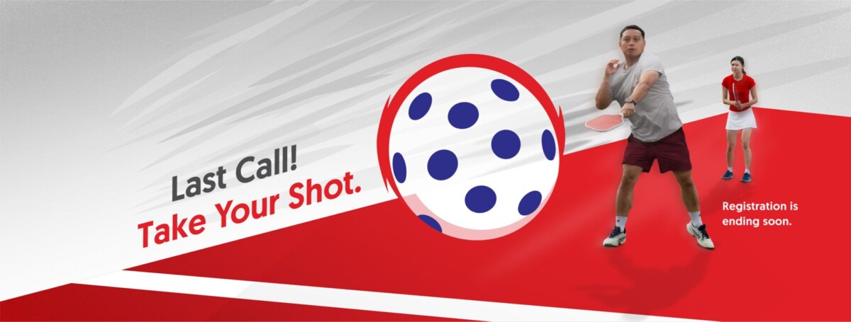 OCBC-Great Eastern Pickleball Open last call key visual with two players and a pickleball