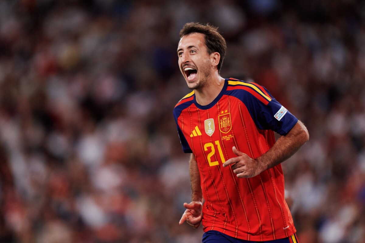 Spain forward Mikel Oyarzabal, in the number 21 shirt, celebrates during the Nations League match against England at Wembley Stadium