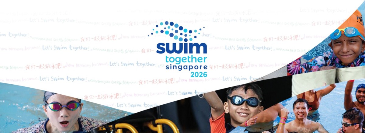 SwimTogether Singapore 2026 banner with swimmers of different abilities in the pool