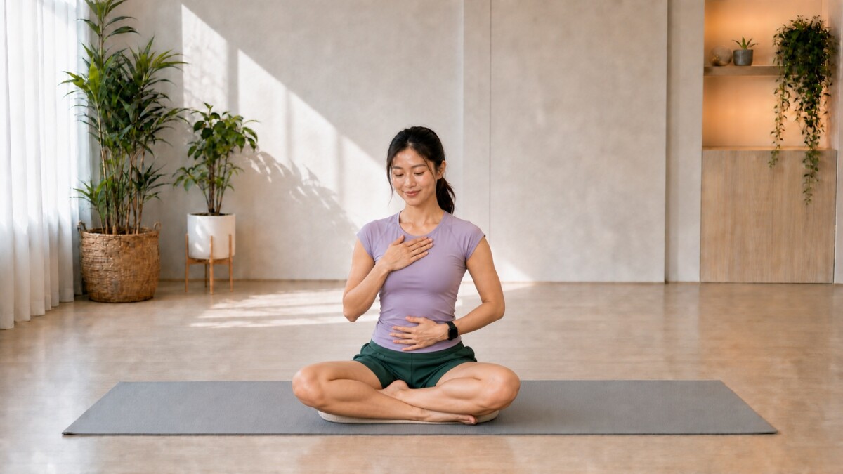Jade Yeo seated in Easy Pose with one hand on her chest and one on her abdomen