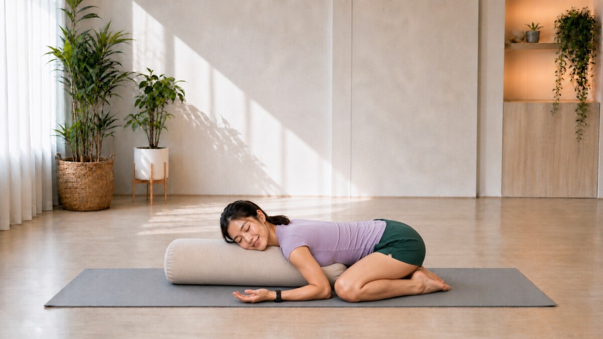 Jade Yeo resting her torso on an oatmeal bolster in Supported Child's Pose