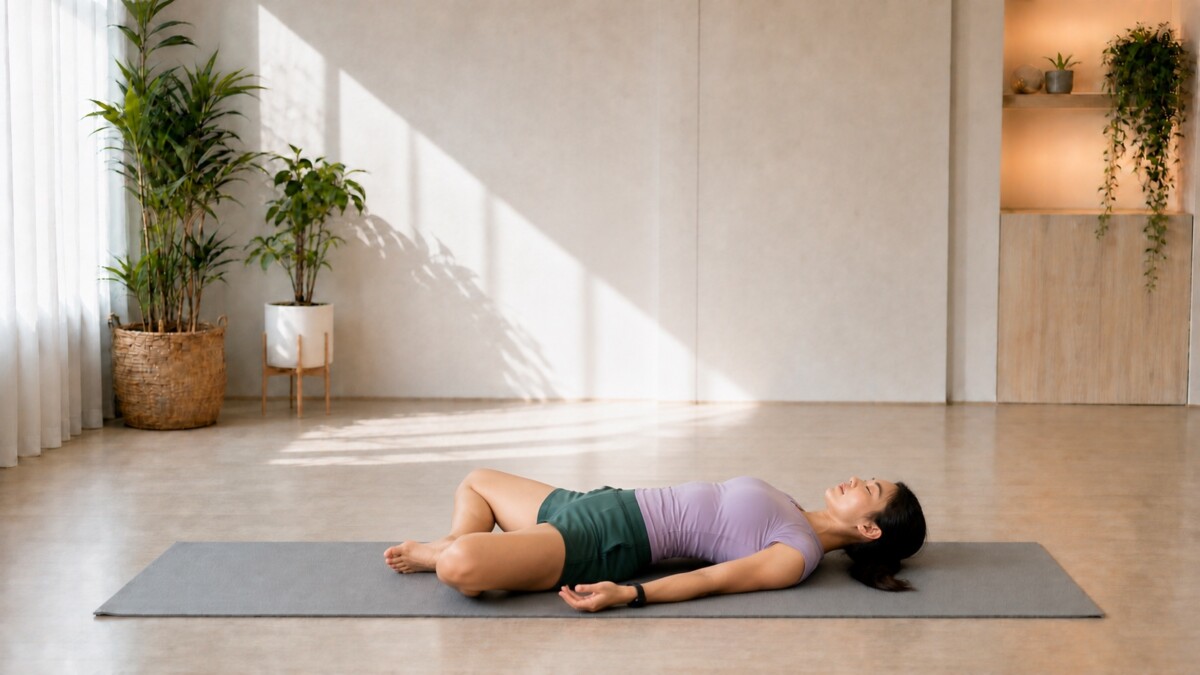 Jade Yeo lying in Reclined Bound Angle Pose on a fixed grey yoga mat