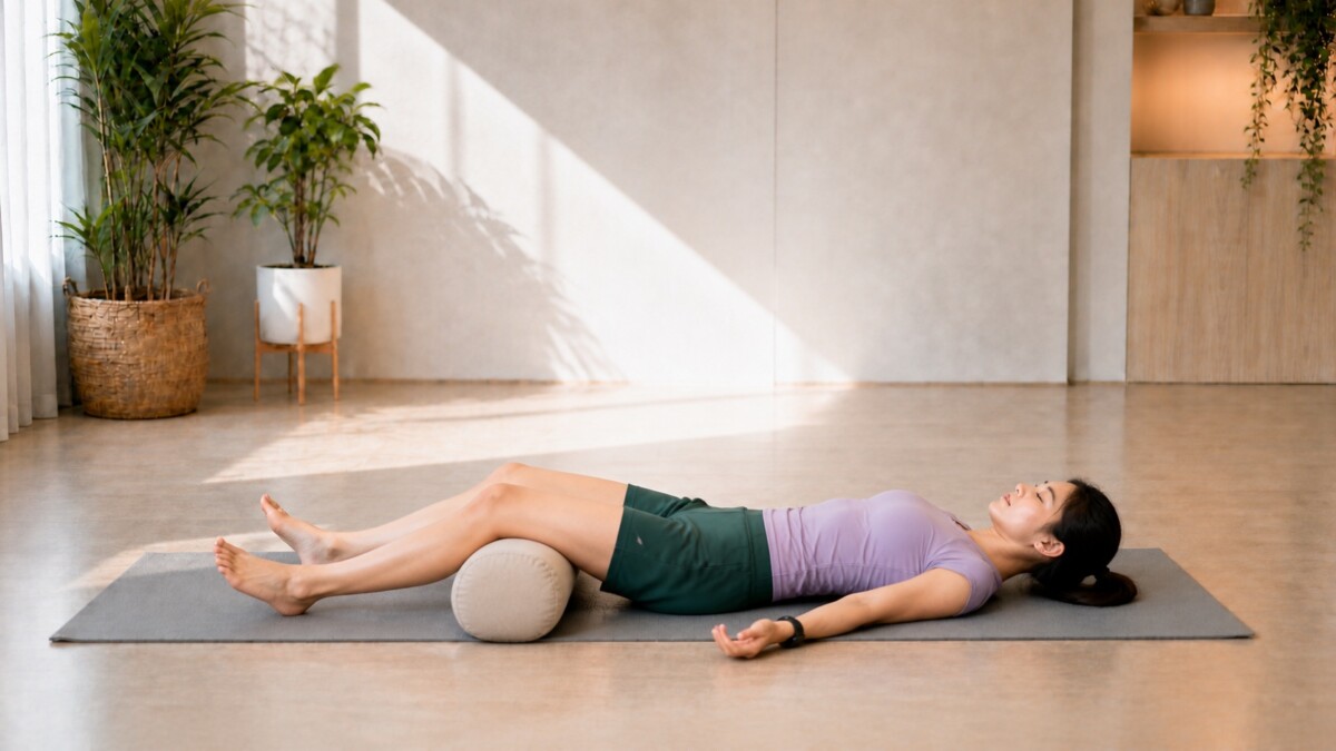 Jade Yeo resting in Corpse Pose with a bolster supporting both knees
