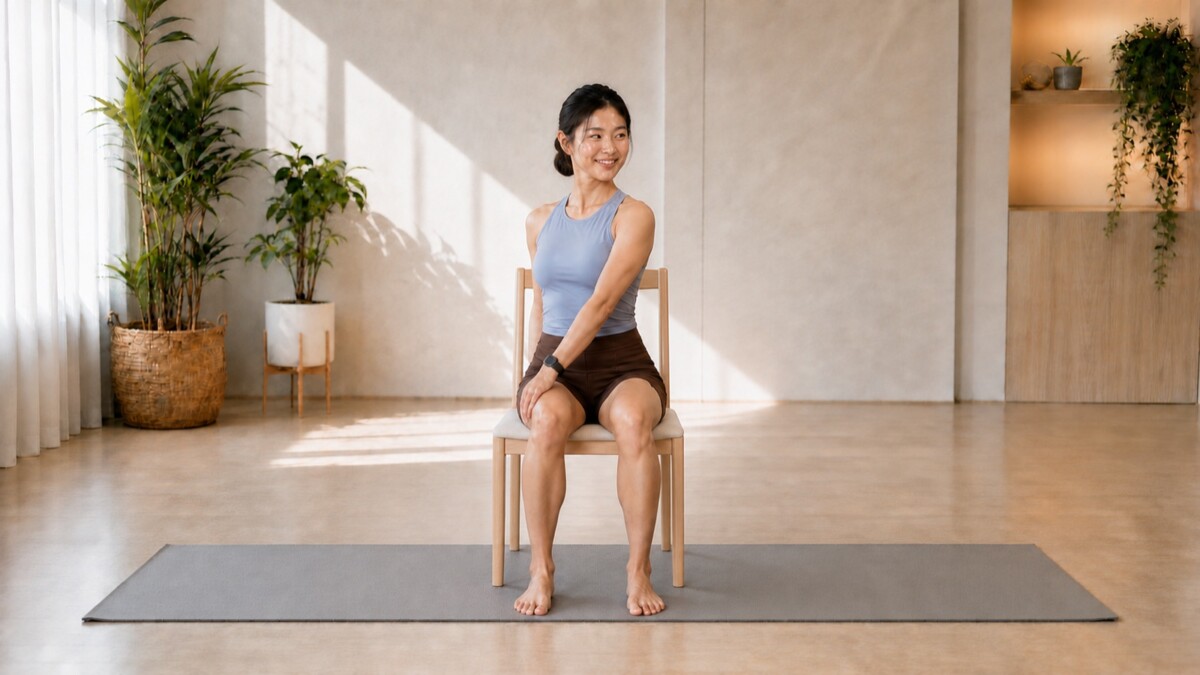 Jade Yeo demonstrating a gentle seated spinal twist on an armless chair
