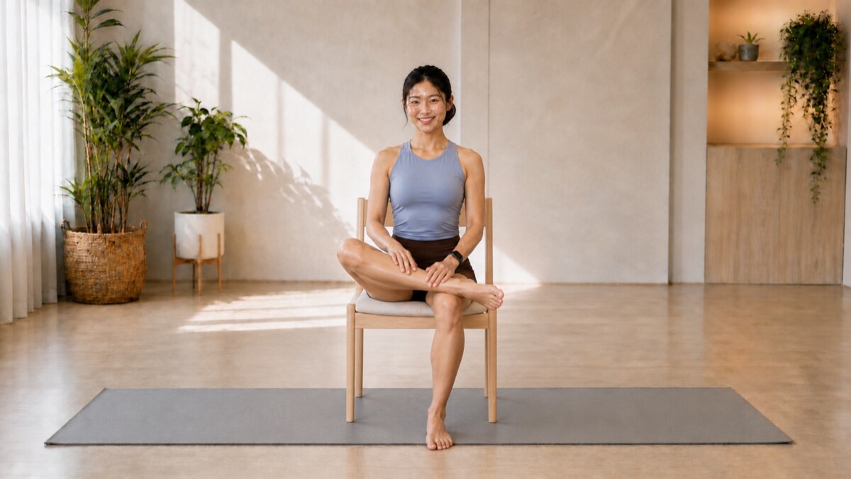 Jade Yeo seated with one ankle crossed above the opposite thigh