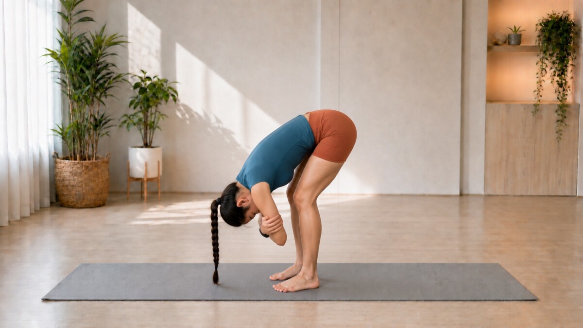 Jade Yeo demonstrating Ragdoll Forward Fold with bent knees on a fixed grey yoga mat