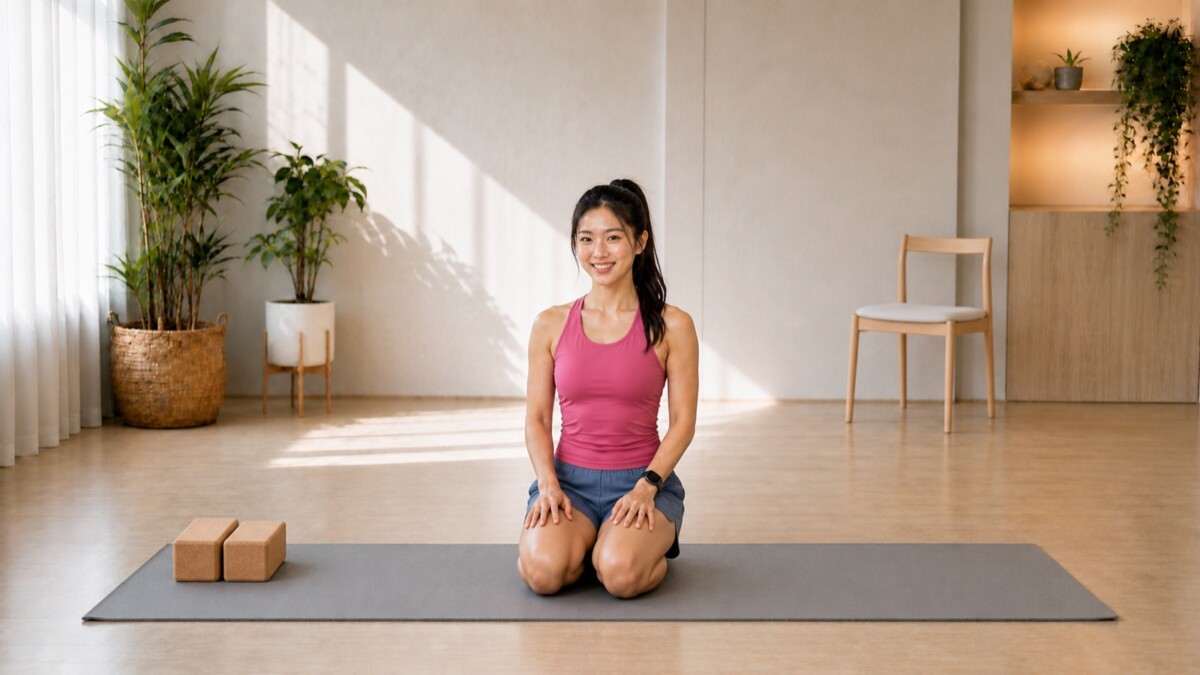 Jade Yeo kneeling on a grey yoga mat in a raspberry singlet and slate blue shorts