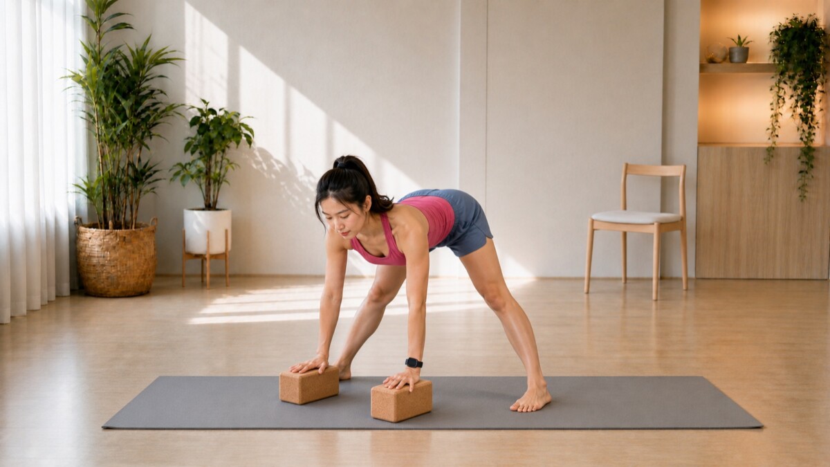Jade Yeo folding forward with bent knees and both hands on cork blocks