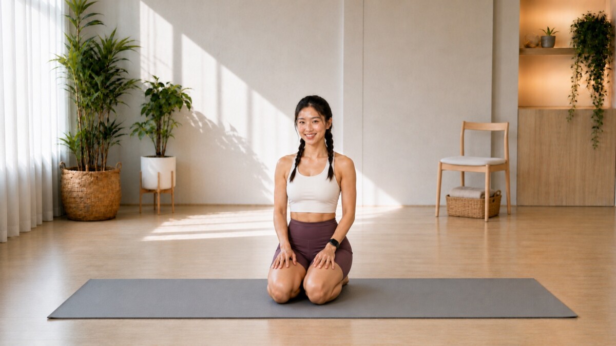Jade Yeo kneeling on a grey mat in an ivory singlet and aubergine yoga shorts