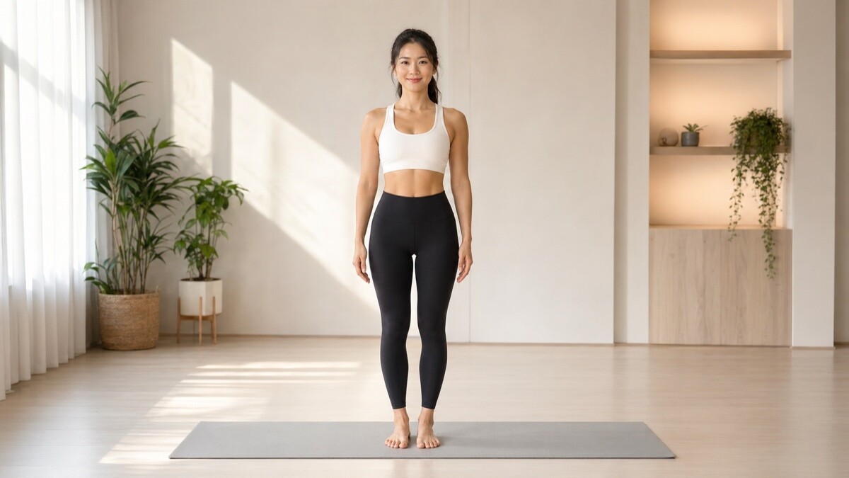 Jade Yeo demonstrating Mountain Pose on a yoga mat