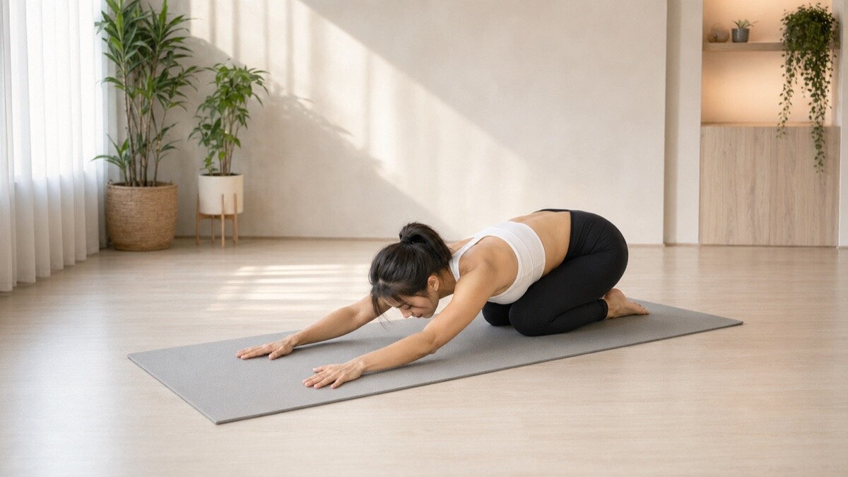 Jade Yeo demonstrating Child's Pose on a yoga mat