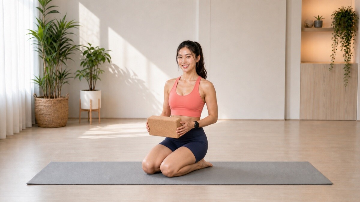 Jade Yeo kneeling on a fixed grey yoga mat with a cork yoga block