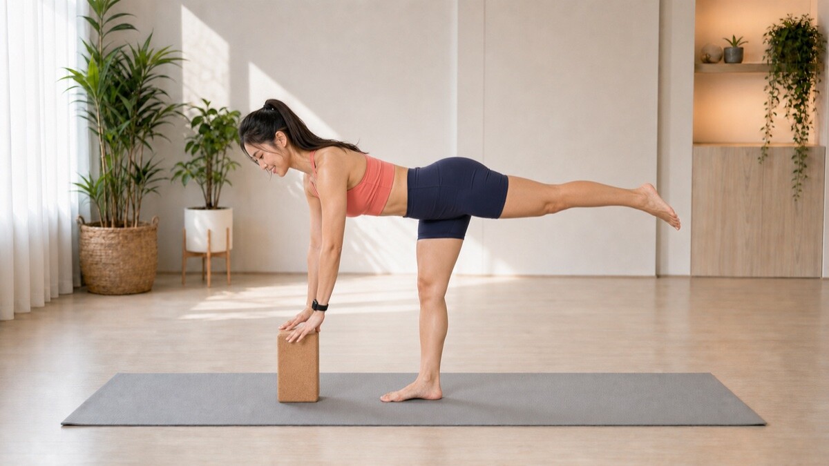 Jade Yeo demonstrating Supported Warrior III with a cork yoga block