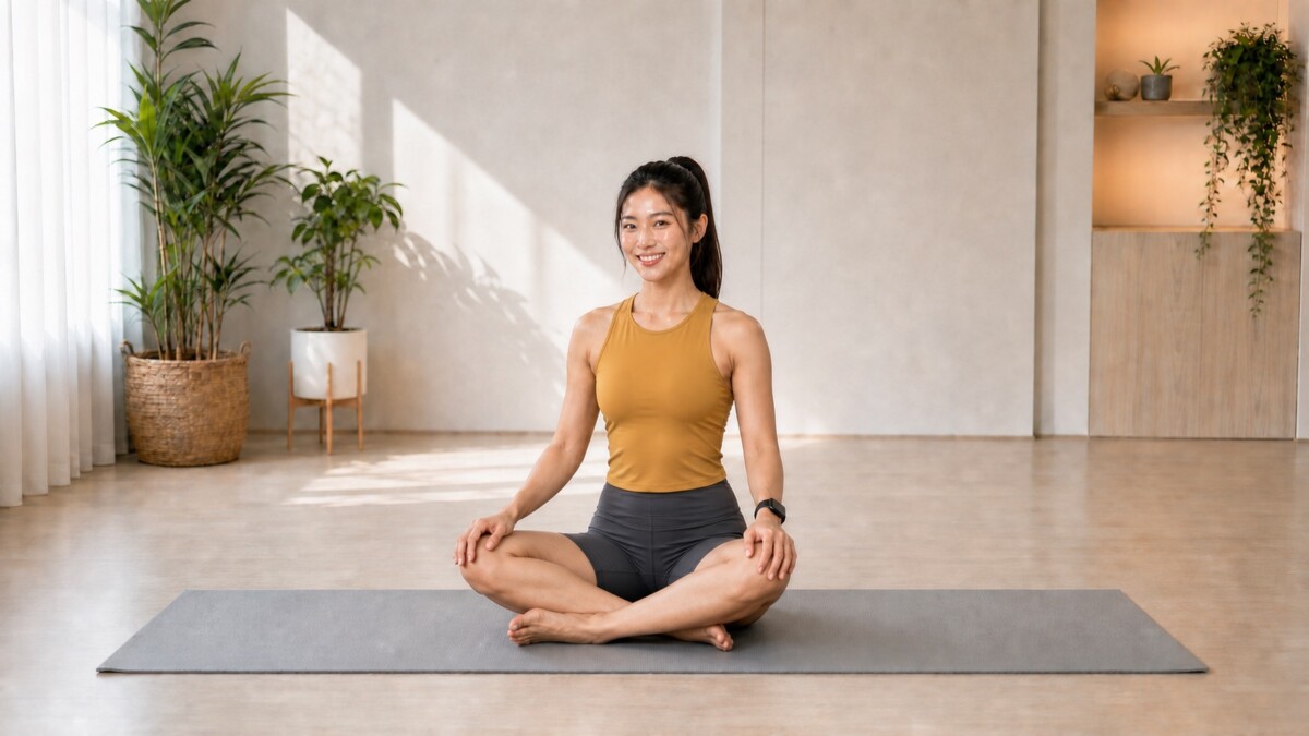 Jade Yeo seated on a fixed grey yoga mat introducing an after-work yoga routine
