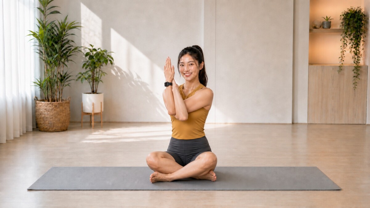 Jade Yeo demonstrating Eagle Arms while seated on a fixed grey yoga mat
