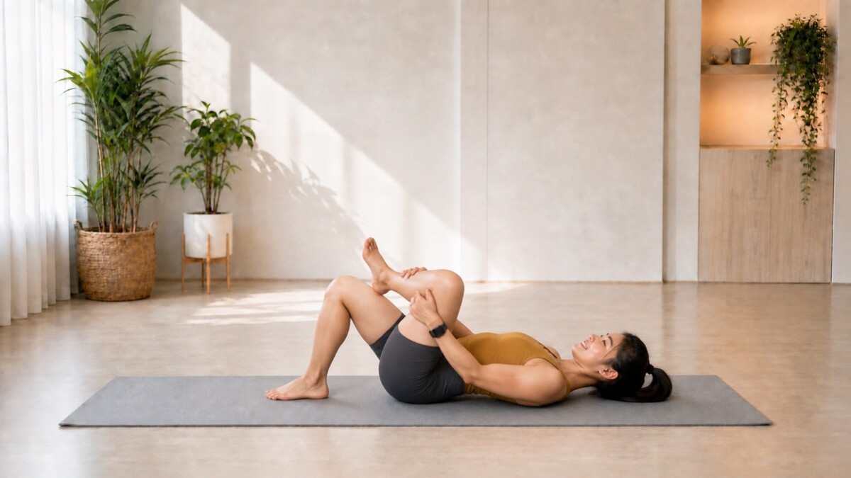 Jade Yeo demonstrating Reclined Figure Four on a fixed grey yoga mat