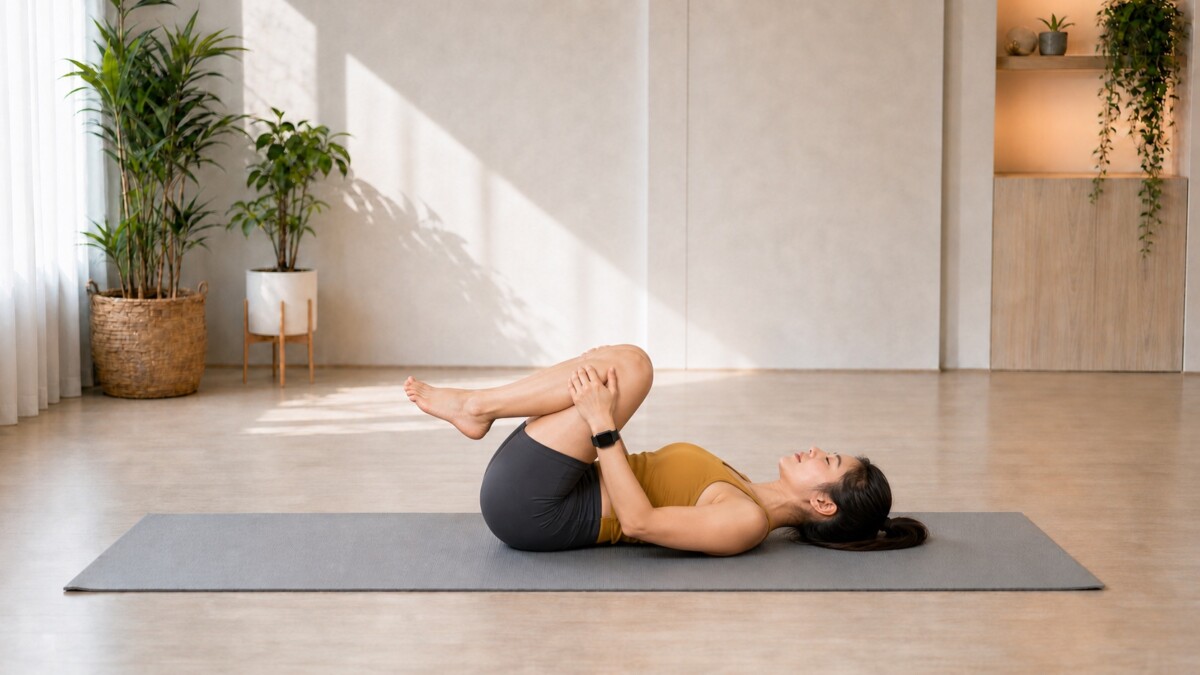 Jade Yeo resting with both knees drawn towards her chest on a fixed grey yoga mat