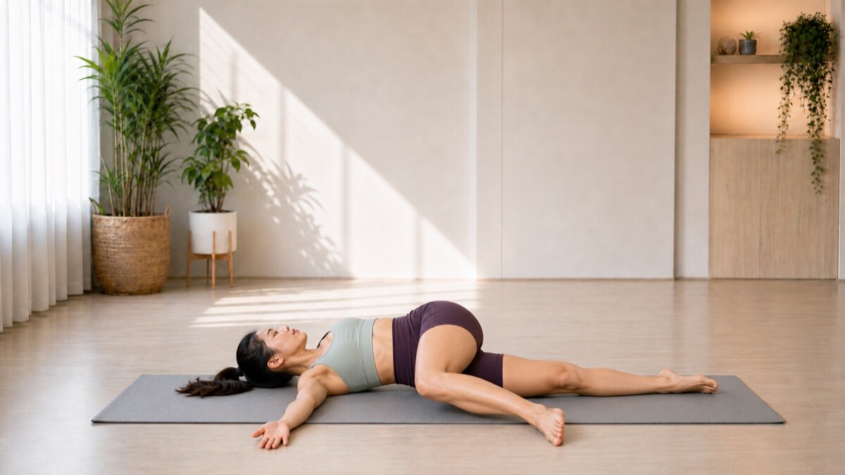 Jade Yeo demonstrating Supine Spinal Twist on a fixed grey yoga mat